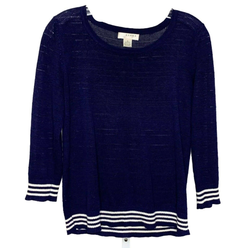 Kenar Women's Sweater Pullover Top Blue‎ White Stripe Sheer Crew Neck Size Small
